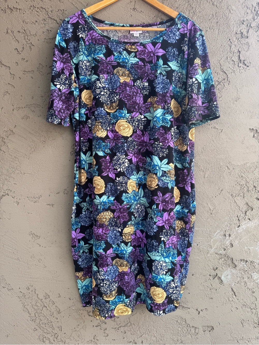 LuLaRoe Floral Scoop Neck Dress in Purple, Teal & Gold